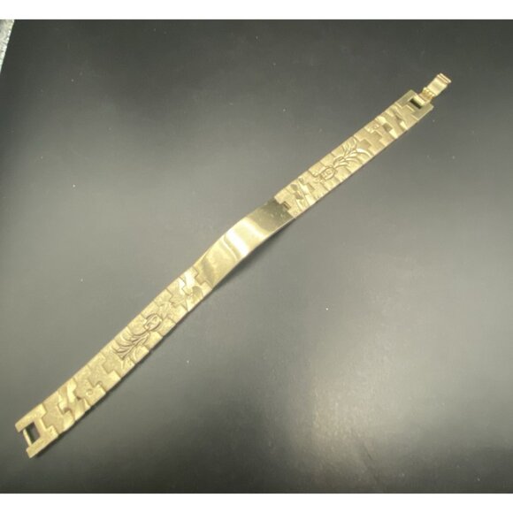 Vintage Gold Plated Link ID Bracelet Etched Fish Floral Signed LC Unisex 7.5x.5" - Picture 12 of 14